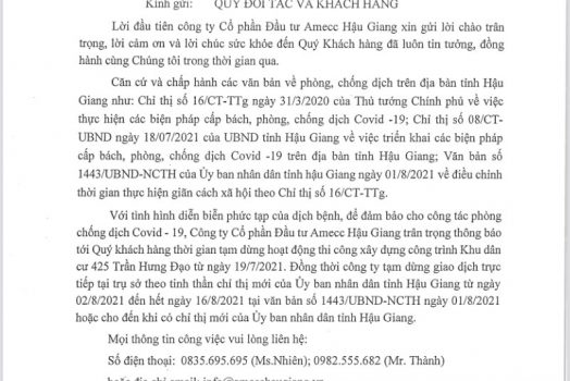 Thông báo tạm ngưng giao dịch, thi công do dịch bệnh Covid-19